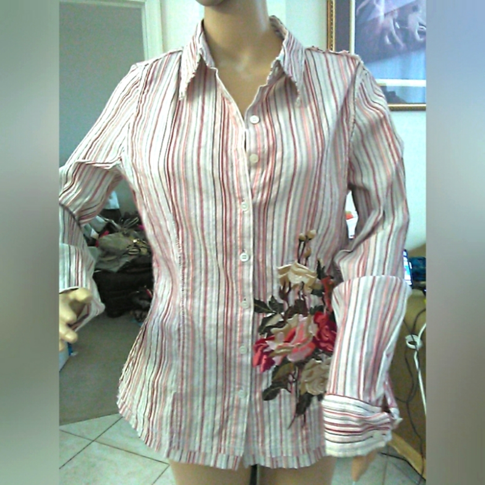 Etcetera MULTI COLOR STRIPED Embellished Long Sleeve Shirt (EMBROIDERED FLOWERS)